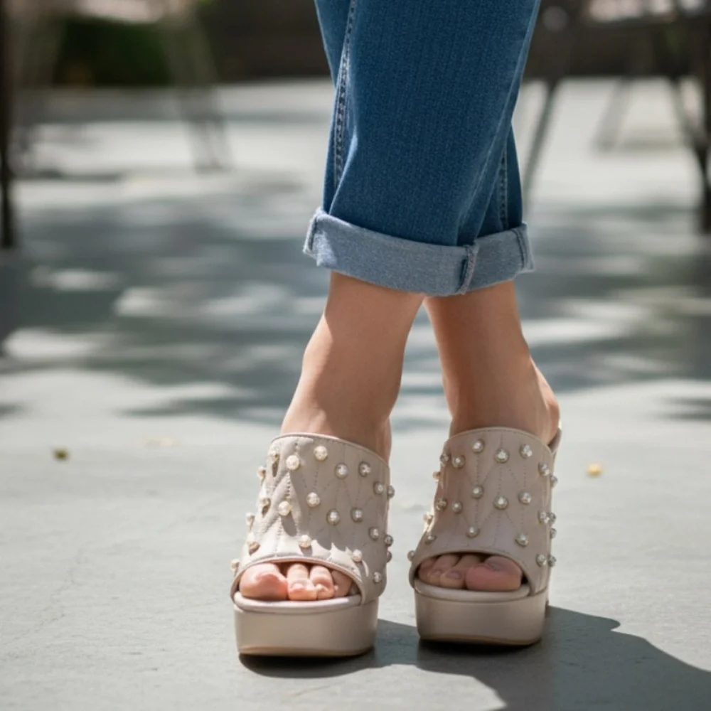 Karl Lagerfeld Pearl Studded AVIVA Platform Sandals
